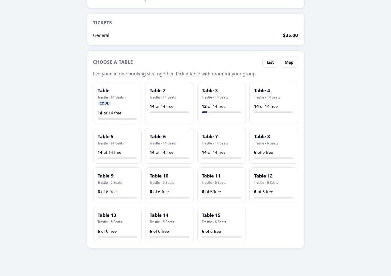 The table booking view showing available tables and seat counts